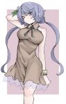  1girl :/ alternate_costume arm_behind_head arm_up bare_shoulders breasts brown_dress closed_mouth commentary_request dress expressionless fe_(tetsu) feet_out_of_frame grey_background grey_eyes grey_hair highres large_breasts light_blush looking_at_viewer simple_background solo touhou tsukumo_benben white_background 