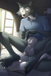  2023 5_toes absurd_res anthro balls beastars bed canid canine canis clothing feet fur furniture genitals grey_body grey_fur hi_res humanoid_feet humanoid_genitalia humanoid_penis legoshi_(beastars) male mammal on_bed penis plantigrade rovafur shirt sitting solo t-shirt toes topwear wolf 