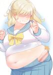  1girl absurdres bifizu&#039;s_gold blonde_hair blue_archive blue_background blue_sailor_collar blue_skirt blush bow breasts closed_mouth cowboy_shot dot_nose fat gradient_background halo highres large_breasts leaning_forward long_sleeves midriff navel no_eyes open_hands pleated_skirt sailor_collar school_uniform serafuku shirt simple_background skirt solo stomach sweat thick_arms torn_clothes torn_skirt trinity_student_(blue_archive) white_background white_shirt yellow_bow 