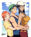  1boy 2girls belt black_hair blue_shirt blue_sky brown_eyes cloud goggles green_hair hat highres hug looking_at_viewer medium_hair multiple_girls muscular nami_(one_piece) nico_robin one_eye_closed one_piece orange_hair pants red_pants roronoa_zoro shirt short_hair sky sleeveless sleeveless_shirt tongue tongue_out urakasugaop yellow_shirt 