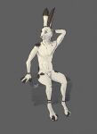  2018 animal_genitalia anthro black_and_white_body black_and_white_fur digitigrade drewzy_(artist) feet fur fur_markings genitals hair hand_behind_head hi_res jet_(bomba) lagomorph leporid male mammal markings multicolored_toes rabbit sheath simple_background sitting solo toes 