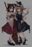  2girls ascot between_fingers black_footwear black_skirt black_vest blonde_hair bow broom brown_hair detached_sleeves frilled_hair_tubes frills full_body gotagotay grey_background hair_bow hair_tubes hakama hakama_skirt hakurei_reimu hat hat_bow highres holding holding_broom japanese_clothes kirisame_marisa mary_janes multiple_girls nontraditional_miko ofuda ofuda_between_fingers puffy_short_sleeves puffy_sleeves red_shirt red_skirt shirt shoes short_sleeves simple_background skirt skirt_set sleeveless sleeveless_shirt socks standing touhou vest white_shirt white_socks wide_sleeves witch_hat yellow_ascot 