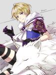  1girl animal armor ascot black_gloves blonde_hair blue_eyes fire_emblem fire_emblem_engage fur_trim gloves looking_at_viewer merrin_(fire_emblem) shinkanoshin short_hair shoulder_armor simple_background smile solo thigh_strap wolf 