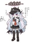  1boy 1girl anchor_symbol arona&#039;s_sensei_doodle_(blue_archive) black_footwear black_headwear black_horns black_skirt black_wings blue_archive blush cosplay e_v_e_neko flat_cap full_body grey_hair halo hat heart hibiki_(kancolle) hibiki_(kancolle)_(cosplay) highres hina_(blue_archive) horns jewelry kantai_collection long_hair low_wings neckerchief open_mouth pleated_skirt purple_eyes red_neckerchief ring sailor_collar school_uniform sensei_(blue_archive) serafuku simple_background skirt solo standing thighhighs translation_request very_long_hair wedding_ring white_background wings 