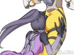  2girls artist_request ass ass_grab bad_source colored_skin face_in_ass gloves hair_pulled_back looking_at_ass multiple_girls overwatch overwatch_1 purple_skin simple_background spider_tattoo tattoo tracer_(overwatch) widowmaker_(overwatch) 