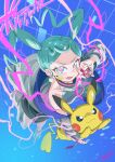  1girl 1other aqua_eyes aqua_hair earrings fang hatsune_miku highres jacket jewelry long_hair open_mouth pikachu poke_ball pokemon pokemon_(creature) project_voltage ryuusei_(trickster) skirt solo twintails very_long_hair vocaloid 