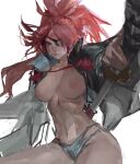  1girl absurdres amputee baiken big_hair black_jacket breasts eyepatch facial_tattoo guilty_gear guilty_gear_strive highres holding holding_sword holding_weapon jacket jacket_on_shoulders katana large_breasts long_hair looking_at_viewer navel nipples one-eyed ponytail red_eyes red_hair samurai sketch sword tattoo torn_sleeve tristanmori01 weapon 