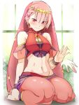  1girl alternate_costume alternate_hairstyle arabian_clothes bare_shoulders barefoot blush braid breasts closed_mouth earrings high_collar highres jewelry looking_at_viewer medium_breasts midriff navel pants pink_hair ram_(re:zero) re:zero_kara_hajimeru_isekai_seikatsu re:zero_kara_hajimeru_isekai_seikatsu:_lost_in_memories red_eyes red_pants red_veil seiza short_hair sitting solo thighs veil waving zerobarto 