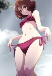  1girl bikini blush brown_hair closed_mouth euphonium from_below frown green_eyes hibike!_euphonium highres instrument knees nii_manabu oumae_kumiko short_hair smile solo swimsuit thighs 