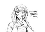  2023 anthro bangs black_and_white canid canine canis clothing comic dialogue domestic_dog english_text eyewear female gloves goggles handwear hi_res hladilnik mammal monochrome solo text val_(hladilnik) 