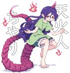  1girl absurdres barefoot blush_stickers character_name clothes_writing collarbone full_body green_shirt green_shorts highres horns kame_(kamepan44231) long_hair open_mouth purple_hair purple_horns red_eyes shirt short_sleeves shorts simple_background single_horn solo syringe tail tenkajin_chiyari test_tube touhou unfinished_dream_of_all_living_ghost white_background 