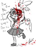  1girl @_@ aosora_(mizore) arms_up artist_name bad_source bird blood blood_on_clothes blood_on_face crying crying_with_eyes_open english_text guro happy laughing monochrome original school_uniform serafuku spot_color standing standing_on_one_leg tears 