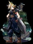  1boy armor baggy_pants black_background blonde_hair blue_eyes bn_241 boots brown_footwear building buster_sword closed_mouth cloud_strife final_fantasy final_fantasy_vii full_body gloves hair_between_eyes hand_on_own_hip highres huge_weapon looking_at_viewer male_focus pants ribbed_sweater short_hair shoulder_armor single_sidelock sleeveless sleeveless_turtleneck solo spiked_hair standing suspenders sweater sword sword_on_back turtleneck turtleneck_sweater weapon weapon_on_back 