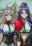  2girls absurdres ahoge american_gothic arise_(allicenogalca) balloon black_jacket black_necktie blue_eyes blue_hair breasts closed_mouth day fine_art_parody gift_art grey_eyes grey_hair headgear highres holding holding_balloon jacket kantai_collection long_hair long_sleeves looking_at_viewer medium_breasts multiple_girls necktie outdoors parody red_hair skirt south_dakota_(kancolle) upper_body washington_(kancolle) white_hair white_skirt 