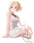  1girl blonde_hair commentary crossed_legs dress earrings high_heels highres idolmaster idolmaster_cinderella_girls jewelry kiryu_tsukasa_(idolmaster) looking_at_viewer okeno_kamoku purple_eyes sidelocks signature simple_background sitting smile solo strappy_heels white_background white_dress 