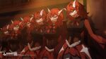  6+girls absurdres arknights black_dress bow bowtie breasts chinese_commentary closed_mouth commentary_request covering_mouth crimson_singer_(arknights) dress hand_up highres large_breasts long_sleeves mask medium_hair multiple_girls parted_lips qinglai_haiji red_bow red_bowtie red_dress red_hair sleeves_past_fingers sleeves_past_wrists smile two-tone_dress white_sleeves 