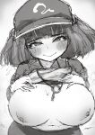  1girl absurdres blush breasts closed_mouth commentary_request flat_cap greyscale hands_on_own_chest hat highres huge_breasts kawashiro_nitori key looking_at_viewer monochrome navel nipples qralto sketch smile solo touhou upper_body variant_set 