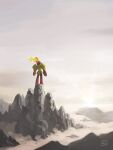  armarouge arms_at_sides cloud dated fire flame from_behind highres mokuzou_(moku_ssbu) outdoors pokemon pokemon_(creature) rock signature solo standing 