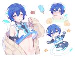  1boy androgynous animal_ears bare_shoulders bathing blue_eyes blue_hair brown_cardigan cardigan cat_ears cat_tail chibi chibi_inset commentary crop_top cropped_torso detached_sleeves food full_body hair_between_eyes hand_up hands_up kaito_(vocaloid) looking_at_viewer male_focus midriff mogu_(wy5xrt7w) multiple_views navel neko_cyber_(module) off_shoulder one_eye_closed popsicle project_diva_(series) shirt short_hair simple_background sleeveless sleeveless_shirt sleeves_past_wrists tail towel towel_on_head vocaloid wet white_background 