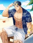  1boy abs adjusting_eyewear bara bare_pectorals beach black_hair blue_eyes blue_shirt blue_sky cocktail cocktail_glass crab cup domo_(domo_kizusuki) drinking_glass eyelashes foot_out_of_frame hawaiian_shirt highres holding holding_cup kokado_shido_(domo) large_pectorals male_focus muscular muscular_male navel nipples one_eye_closed original outdoors pectorals shirt short_hair shorts sideburns sitting sky solo sunglasses thick_eyebrows veins white_shorts 