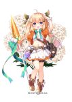  1girl :d ahoge bag bare_legs bike_shorts black_bow black_shorts blonde_hair blush bow brown_footwear carrot_(flower_knight_girl) carrot_hair_ornament dot_nose flower flower_knight_girl food-themed_hair_ornament frills full_body green_bow hair_bow hair_intakes hair_ornament hairclip highres holding holding_polearm holding_weapon jacket layered_skirt long_hair looking_at_viewer midriff name_connection navel object_namesake official_art open_mouth orange_jacket polearm pom_pom_(clothes) pom_pom_hair_ornament puffy_sleeves purple_eyes shoes shorts shorts_under_skirt simple_background skirt smile solo standing strapless striped striped_bow tube_top umeko_machi weapon white_background white_skirt wrist_cuffs x_hair_ornament 
