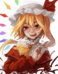  1girl absurdres alternate_costume ascot blonde_hair blood blood_from_mouth blood_on_face brooch capelet commentary english_commentary fangs flandre_scarlet full_of_energy hair_between_eyes hat head_tilt highres jewelry long_hair long_sleeves looking_at_viewer mob_cap multicolored_wings one_side_up open_mouth red_brooch red_capelet red_eyes red_shirt sharp_teeth shirt simple_background solo teeth touhou upper_body upper_teeth_only white_background white_headwear wings yellow_ascot 