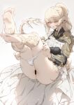  1girl ;d armor ass au_ra bar_censor barefoot blonde_hair blue_eyes blush breasts censored eyeliner female_pubic_hair final_fantasy final_fantasy_xiv kinhasu makeup one_eye_closed paid_reward_available panties panty_pull pauldrons ponytail pubic_hair pussy_juice pussy_juice_trail saliva saliva_trail scales shoulder_armor smile solo tail underwear white_panties 