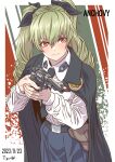  1girl absurdres anchovy_(girls_und_panzer) anzio_school_uniform belt belt_buckle black_belt black_cape black_necktie blue_skirt bodeo_m1889 brown_eyes buckle buttons cape character_name collar_tabs collared_cape collared_shirt cowboy_shot dated dress_shirt english_text eyelashes girls_und_panzer green_hair gun hair_ribbon handgun highres holding holding_gun holding_weapon holster multicolored_background necktie revolver ribbon school_uniform shirt shirt_tucked_in signature skirt solo tigern_(tigern28502735) twintails weapon white_background white_shirt 