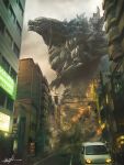  building car cloud cloudy_sky destruction electricity explosion godzilla_(series) godzilla_earth hanekura_bou highres kaijuu monster motor_vehicle no_humans outdoors sky 