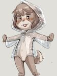  2019 3_toes animal_crossing anthro balls brown_hair clothing coat dandi digby_(animal_crossing) embarrassed eyebrows feet flaccid freckles genitals hair half-closed_eyes looking_at_viewer male narrowed_eyes navel nintendo open_mouth penis raincoat raincoat_only simple_background solo tail teeth toes topwear translucent_raincoat 