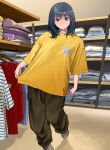  1girl absurdres baggy_pants blue_hair clothes clothes_shop commentary contrapposto expressionless full_body green_pants grey_eyes highres indoors looking_at_viewer medium_hair mmmo3 original oversized_clothes oversized_shirt pants shirt shirt_hold shop solo standing straight-on yellow_shirt 