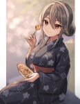  1girl alternate_costume artist_name black_kimono brown_eyes commentary_request floral_print food grey_hair hair_bun hair_ornament hairband hairclip haruna_(kancolle) japanese_clothes kantai_collection kimono obi sash sitting smile solo takoyaki white_hairband wss_(nicoseiga19993411) yukata 