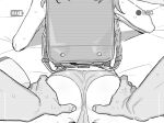  1boy 1girl ass ass_focus ass_grab backpack bag barbarian_tk battery_indicator bikini extra greyscale head_out_of_frame idolmaster idolmaster_shiny_colors komiya_kaho long_hair lube lying micro_bikini monochrome on_bed on_stomach pov randoseru recording spread_legs sweat swimsuit viewfinder 