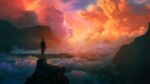  1boy cloud cloudy_sky highres looking_afar looking_ahead mountain mountainous_horizon original rock scenery sky standing sunlight sylvain_sarrailh web_address 