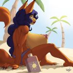 anthro big_breasts blue_hair breasts butt canid canine carmelita_fox clothed clothing female fox fur hair huge_breasts hyper hyper_breasts kevinsano mammal orange_body orange_fur palm_tree plant sand sitting sly_cooper_(series) solo sony_corporation sony_interactive_entertainment sucker_punch_productions topless tree 