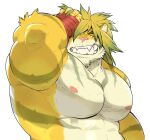  1boy abs animal_ears armpit_peek bara colored_sclera furry furry_male green_sclera grin hand_on_own_head huge_pectorals kasu_(kas20241013) looking_at_viewer macan_(housamo) male_focus medium_hair muscular muscular_male nipples nude smile solo stomach strongman_waist tiger_boy tiger_ears tokyo_afterschool_summoners upper_body yellow_fur 