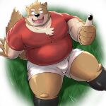  2023 anthro belly big_belly black_nose blush bottomwear brown_body canid canine canis clothing domestic_dog hi_res humanoid_hands kemono male mammal mohumohudansi overweight overweight_male shirt shorts sitting solo topwear 