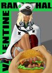  1girl absurdres bandaged_leg bandages blonde_hair bread_bun burger character_name cheese cloak closed_mouth clover dark-skinned_female dark_skin feet feet_in_food food foot_focus four-leaf_clover guilty_gear guilty_gear_strive hair_between_eyes hat highres ketchup legs lettuce long_hair looking_to_the_side no_shoes onion orange_eyes photo-referenced ramlethal_valentine red_bandage sacrilus short_shorts shorts sidelocks simple_background sitting thigh_strap twitter_username white_cloak white_shorts 