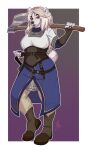 2020 anthro anyu_vea armor axe bear black_nose boots brown_eyes clothing dagger female footwear fur hair hi_res lavenderpandy looking_at_viewer mammal melee_weapon polar_bear solo ursine weapon weapon_on_shoulder white_body white_fur white_hair 