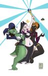  2023 anthro black_body breasts clothing conjoined female green_body green_scales hand_on_hat hat headgear headwear hi_res holding_object holding_staff kobold moldyloam on_one_leg open_mouth scales smile staff standing white_body witch_hat 