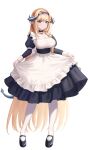  1girl absurdres alternate_costume apron arknights black_choker black_dress black_footwear blonde_hair blue_eyes blue_hairband braid breasts choker cleavage commentary daisy_cutter dress enmaided full_body hairband highres horns large_breasts long_hair looking_at_viewer maid mary_janes pantyhose saileach_(arknights) shoes simple_background single_braid skirt_hold smile solo standing very_long_hair white_apron white_background white_pantyhose 