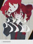  ? bad_hands black_shirt bleeding_from_forehead chromatic_aberration collared_shirt detached_sleeves drill drill_hair film_grain hito_mania_(utau) kasane_teto long_sleeves looking_at_viewer mask red_eyes red_hair shirt sleeveless sleeveless_shirt song_name tabun_ningen twin_drills upper_body utau 