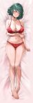  1girl ass_visible_through_thighs blush bow bow_bra bow_panties bra breasts cleavage closed_eyes collarbone dakimakura_(medium) dead_or_alive dead_or_alive_xtreme dot_nose green_hair highres large_breasts mole mole_under_eye navel open_mouth panties patterned_clothing red_bra red_panties short_hair sleeping solo swept_bangs t3x tamaki_(doa) underwear underwear_only 
