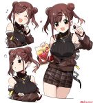  1girl black_sweater blush_stickers breast_hold breasts brown_hair brown_jacket candy chain chocolate closed_eyes commentary_request cowboy_shot crossed_arms double_bun earrings finger_to_cheek food hair_bun hair_ornament hairclip heart heart_earrings idolmaster idolmaster_shiny_colors jacket jewelry long_sleeves looking_at_viewer looking_away medium_breasts medium_hair miniskirt multiple_views nail_polish necklace off_shoulder open_mouth partially_unzipped pink_nails plaid plaid_skirt pout red_eyes ribbed_sweater shisoneri short_twintails simple_background skirt sleeveless sleeveless_sweater sleeveless_turtleneck smile sonoda_chiyoko sweatdrop sweater thighs turtleneck turtleneck_sweater twintails twitter_username white_background x_hair_ornament 