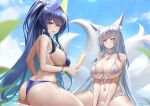  +_+ 2girls absurdres animal_ear_fluff animal_ears ass azur_lane bare_shoulders bikini blue_bikini blue_eyes blue_hair blue_sky blush breasts choker cleavage cloud collarbone commentary covered_nipples day drooling food fox_ears fox_girl fox_tail front-tie_bikini_top front-tie_top grey_hair hair_between_eyes hair_intakes hair_ornament heart heart-shaped_pupils highres holding holding_food holding_popsicle irkawaza kitsune kyuubi large_breasts large_tail long_hair looking_at_viewer multiple_girls multiple_tails navel new_jersey_(azur_lane) new_jersey_(midsummer_leisure)_(azur_lane) o-ring o-ring_bikini ocean official_alternate_costume outdoors parted_lips ponytail popsicle purple_eyes shinano_(azur_lane) shinano_(dreamy_white_sands)_(azur_lane) sidelocks sitting sky smile stomach swimsuit symbol-shaped_pupils tail tongue tongue_out twitter_username very_long_hair white_bikini white_choker white_tail 