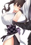  1girl absurdres armpits black_wings blush breasts commentary_request detached_sleeves from_side highres himekaidou_hatate huge_breasts kawai_yade kourindou_tengu_costume long_hair looking_at_viewer obi obijime sash simple_background smile solo touhou white_background wings 