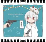  1girl aqua_background ashi_izumo birthday_cake black_cat border cake candle cat english_text flag_pistol food food_on_head grey_border grimace gun hand_up handgun happy_birthday highres holding holding_gun holding_knife holding_weapon izumo_(ashi_izumo) kitchen_knife knife looking_to_the_side multicolored_hair object_on_head original out_of_frame pointing_gun red_eyes red_hair short_hair sidelocks sideways_glance simple_background solo_focus string_of_flags two-tone_hair upper_body weapon white_hair zipper 
