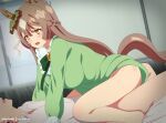  1boy 1girl animal_ears artist_name bed blurry blurry_background blush breasts brown_hair cowgirl_position eufoniuz hair_between_eyes hair_ornament highres horse_ears horse_tail implied_sex large_breasts open_mouth satono_diamond_(umamusume) sex sitting sitting_on_person sleepwear straddling tail umamusume yellow_eyes 