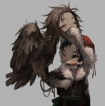  1boy 1girl artist_name biting biting_clothes black_hair brown_eyes brown_feathers brown_hair closed_eyes coat commentary earrings facing_viewer falconry falconry_glove feathers fur-trimmed_coat fur_hat fur_trim gloves grey_background grey_gloves harpy hat human_head ishida_umi jewelry long_sleeves looking_at_another lower_teeth_only medium_hair messy_hair monster_girl one_eye_closed open_mouth original red_headwear simple_background single_glove standing symbol-only_commentary teeth upper_body watermark 