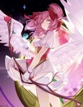 1girl absurdres bow bow_(weapon) closed_mouth dated dress dusk flower gloves hair_between_eyes hair_bow highres holding holding_bow_(weapon) holding_weapon kaname_madoka long_hair luai mahou_shoujo_madoka_magica outdoors pink_eyes pink_flower pink_hair red_bow rose short_dress short_sleeves smile solo standing twintails underbust weapon white_dress white_gloves 